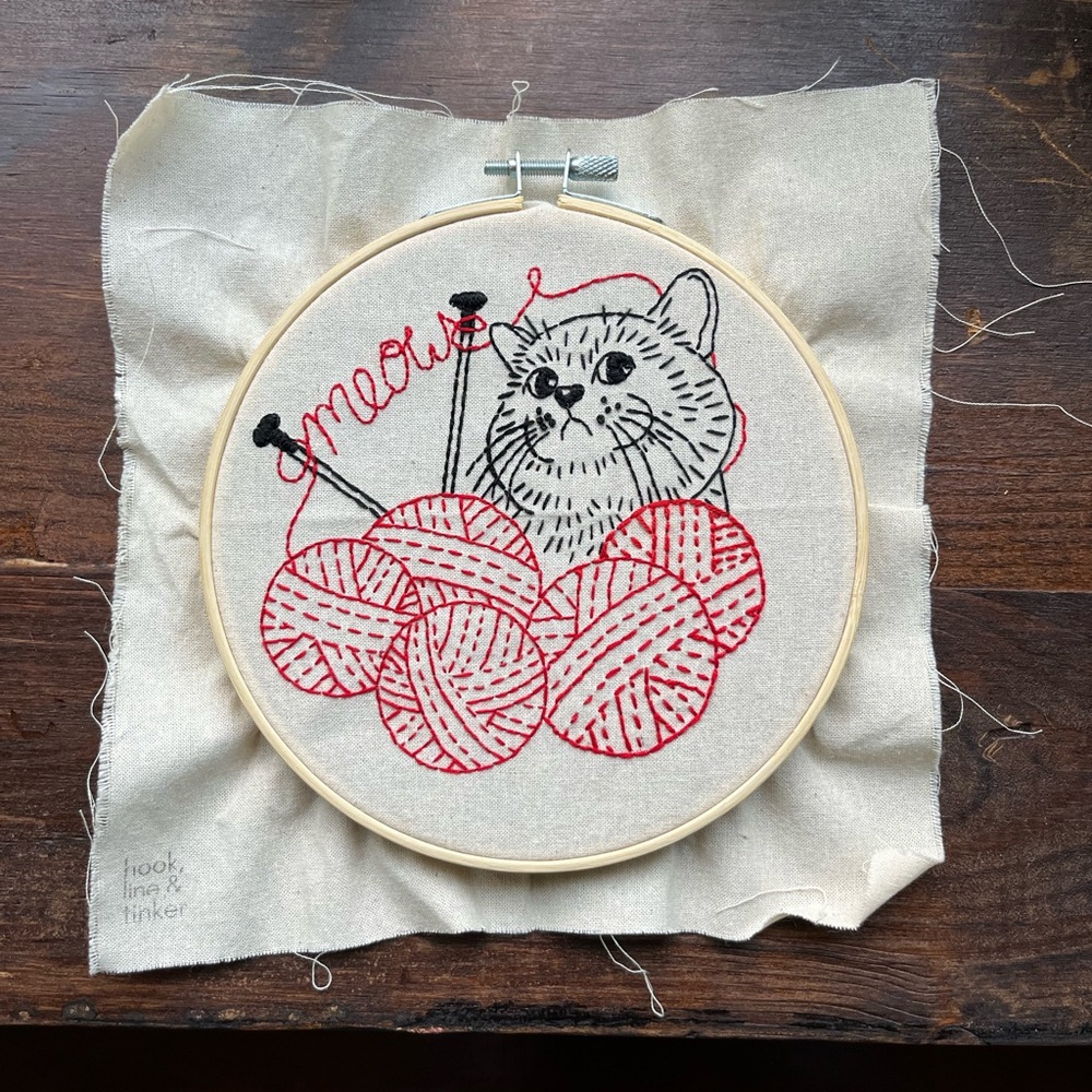 Handmade Hook Line and Tinker Wall Hanging Cat Embroidery